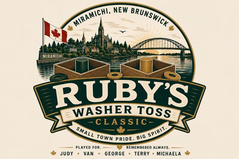 Ruby's Washer Toss Classic badge: the Miramichi riverfront and bridge, washer boxes, the Canadian flag, and the line Played for, remembered always: Judy, Van, George, Terry, Michaela