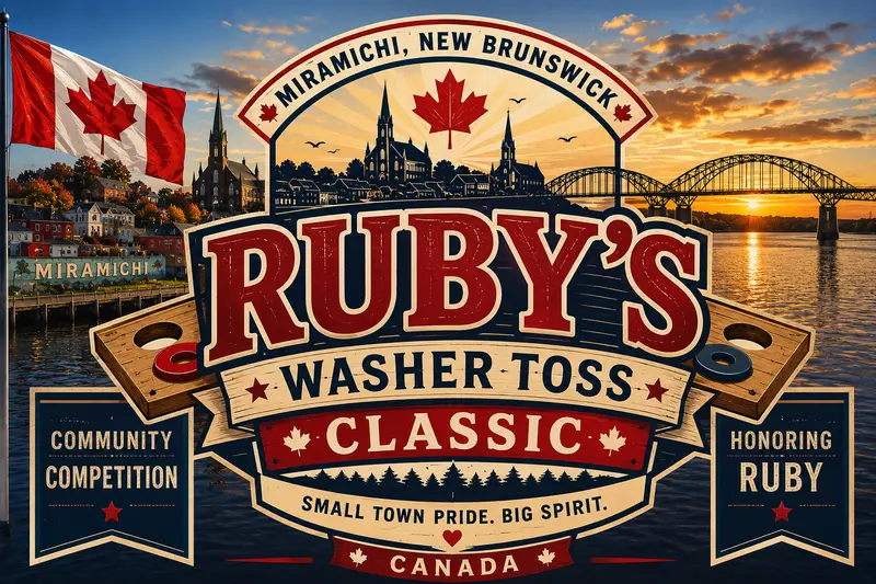 Ruby's Washer Toss Classic — painted tournament badge over the Miramichi at sunset, washer boxes, the bridge, and the Canadian flag