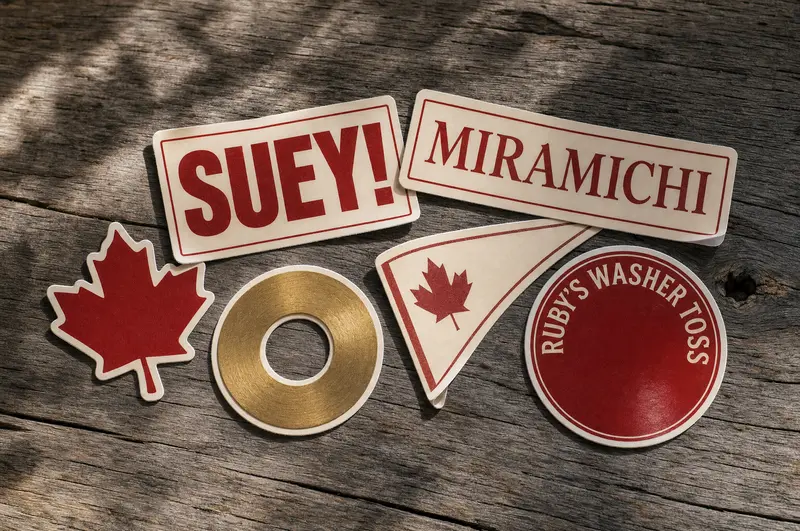 The six-sticker pack on weathered wood: SUEY!, MIRAMICHI, the maple leaf, the brass washer, the pennant, and the crest