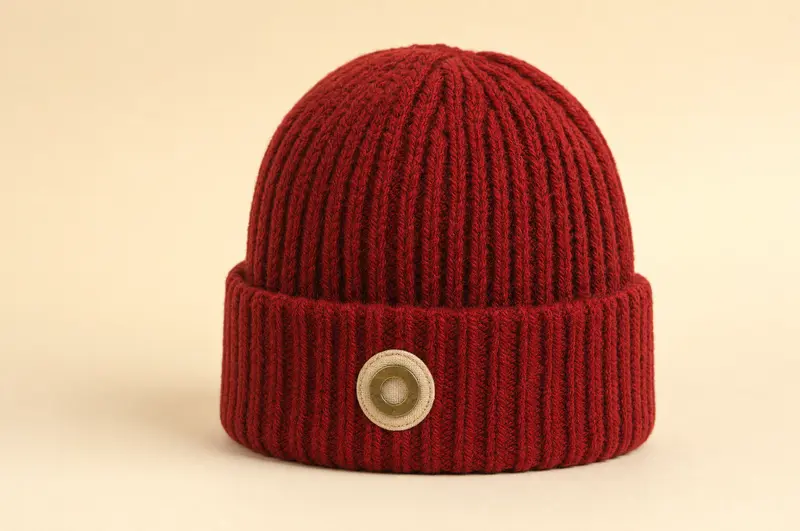 Mockup of the ruby-red ribbed knit toque with cuff and woven crest patch