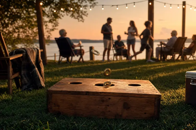 A golden-hour washer toss game at the riverside, washers mid-air over a wooden box, family gathered behind