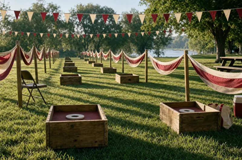 Concept of the tournament lanes: wooden washer boxes lined on grass with ruby and cream bunting, riverside